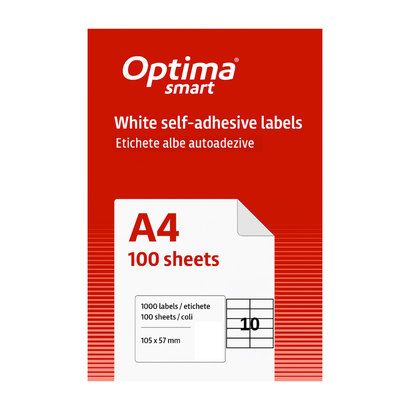 Etichete albe autoadezive Optima Smart, format 10/A4, dimensiune 105 x 57 mm, 100 coli/top