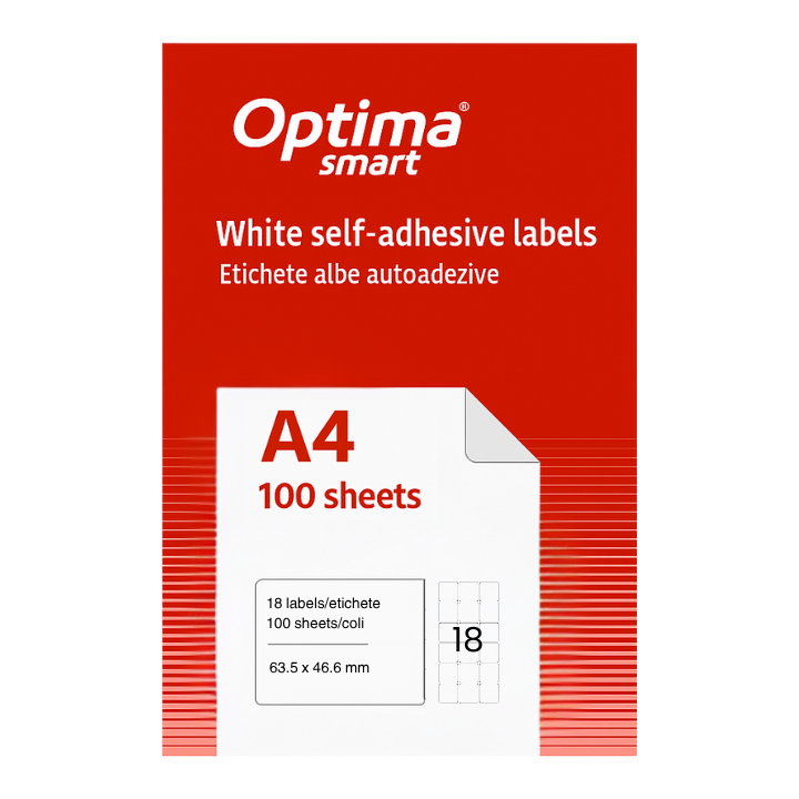 Etichete albe autoadezive Optima Smart, format 18/A4, dimensiune 63.5 x 46.6 mm, colțuri rotunjite, 100 coli/top