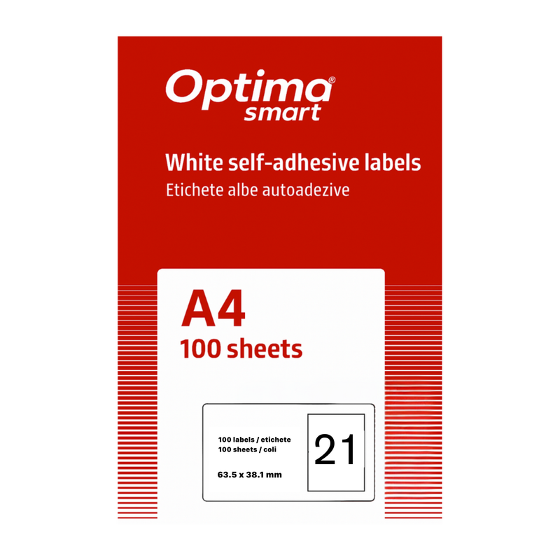Etichete albe autoadezive Optima Smart, format 21/A4, dimensiune 63.5 x 38.1 mm, colțuri rotunjite, 100 coli/top