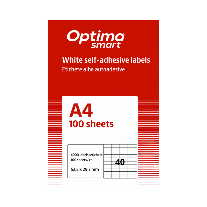 Etichete albe autoadezive Optima Smart, format 40/A4, dimensiune 52.5 x 29.7 mm, 100 coli/top
