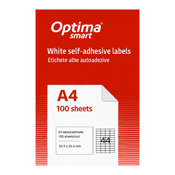 Etichete albe autoadezive Optima Smart, format 44/A4, dimensiune 52.5 x 25.4 mm, 100 coli/top
