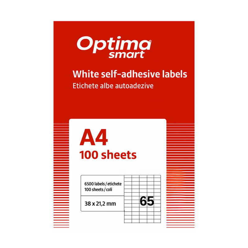Etichete albe autoadezive Optima Smart, format 65/A4, dimensiune 38 x 21.2 mm, 100 coli/top