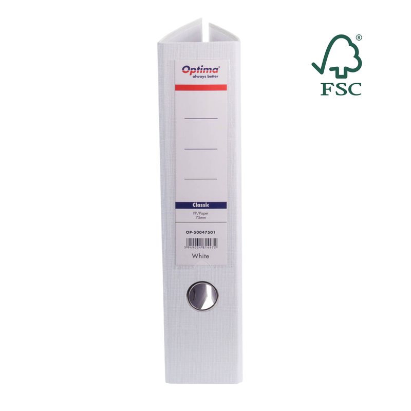 Biblioraft A4 Plastifiat PP/Paper Margine Metalică 75 mm Classic Alb marca Optima pentru organizarea și arhivarea documentelor