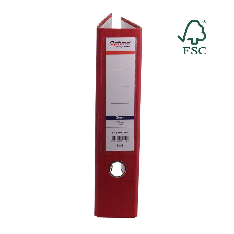 Biblioraft A4 Plastifiat PP/Paper Margine Metalică 75 mm Classic Roșu marca Optima pentru organizarea și arhivarea documentelor