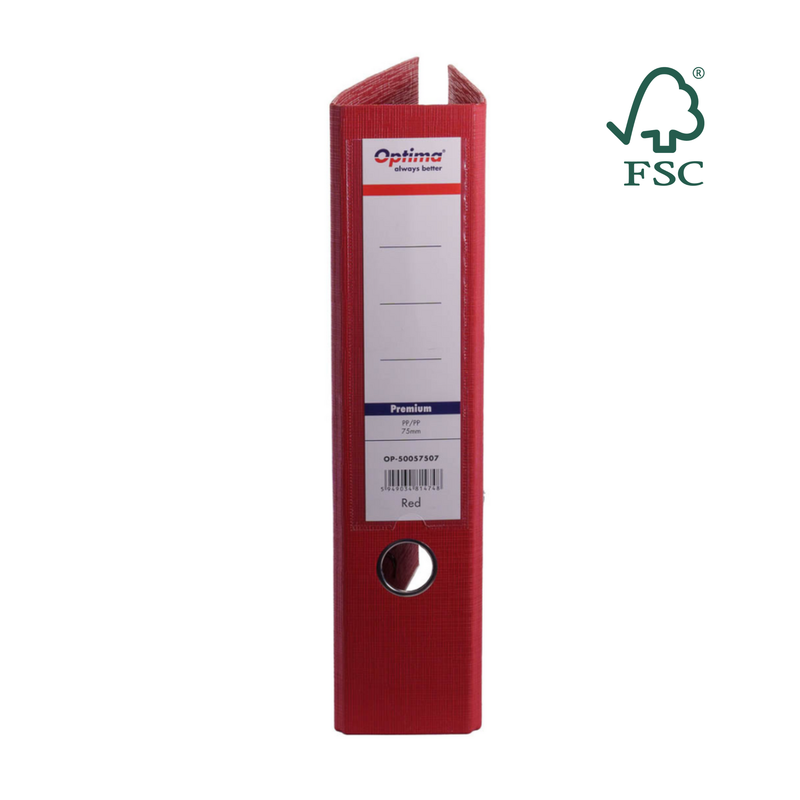 Biblioraft A4 Plastifiat PP/PP Margine Metalică 75 mm Premium Roșu marca Optima pentru organizarea și arhivarea documentelor