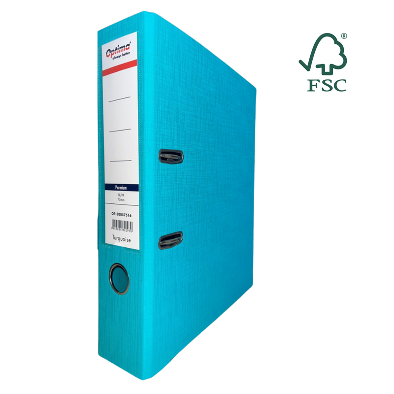 Biblioraft A4 Plastifiat PP/PP Margine Metalică 75 mm Premium Turcoaz marca Optima pentru organizarea și arhivarea documentelor