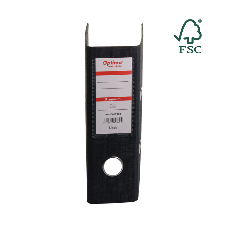 Biblioraft A5 Plastifiat PP/PP 75 mm Premium Negru marca Optima pentru organizarea și arhivarea documentelor