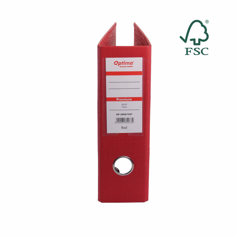 Biblioraft A5 Plastifiat PP/PP 75 mm Premium Roșu marca Optima pentru organizarea și arhivarea documentelor