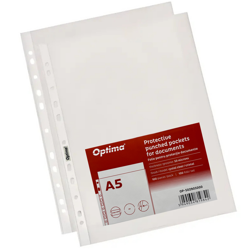 Folii Protecție A4 cu Clapă Laterală și Închidere cu Capsă, 200 Microni, 4/set, Fumuriu Optima