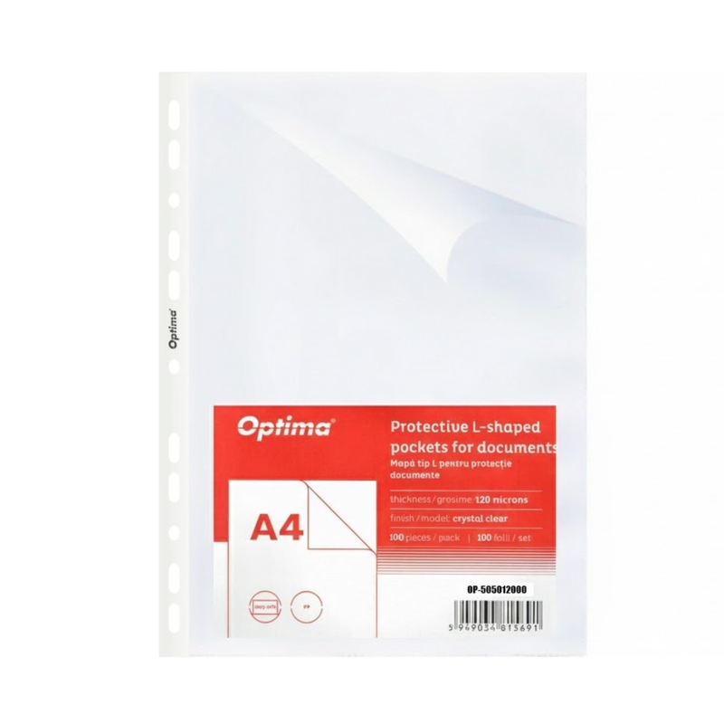 Folii Protecție „L” A4 Cristal, 80 Microni, 100/set Optima