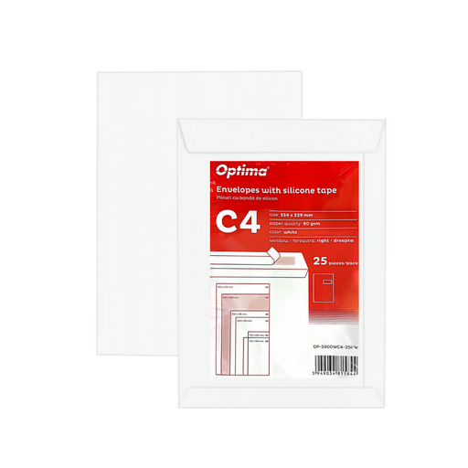 Plic C4 324 x 229 mm Alb cu Fereastră Dreapta 50 x 100 mm 25 Buc/Set Optima