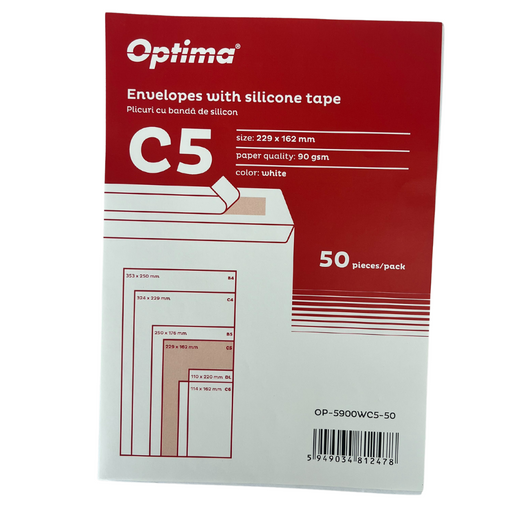 Plic C5 229 x 162 mm Alb Lipire Siliconică 50 Buc/Set Optima