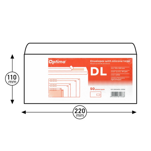 Plic DL 110 x 220 mm Alb cu Fereastră Dreapta 50 Buc/Set Optima