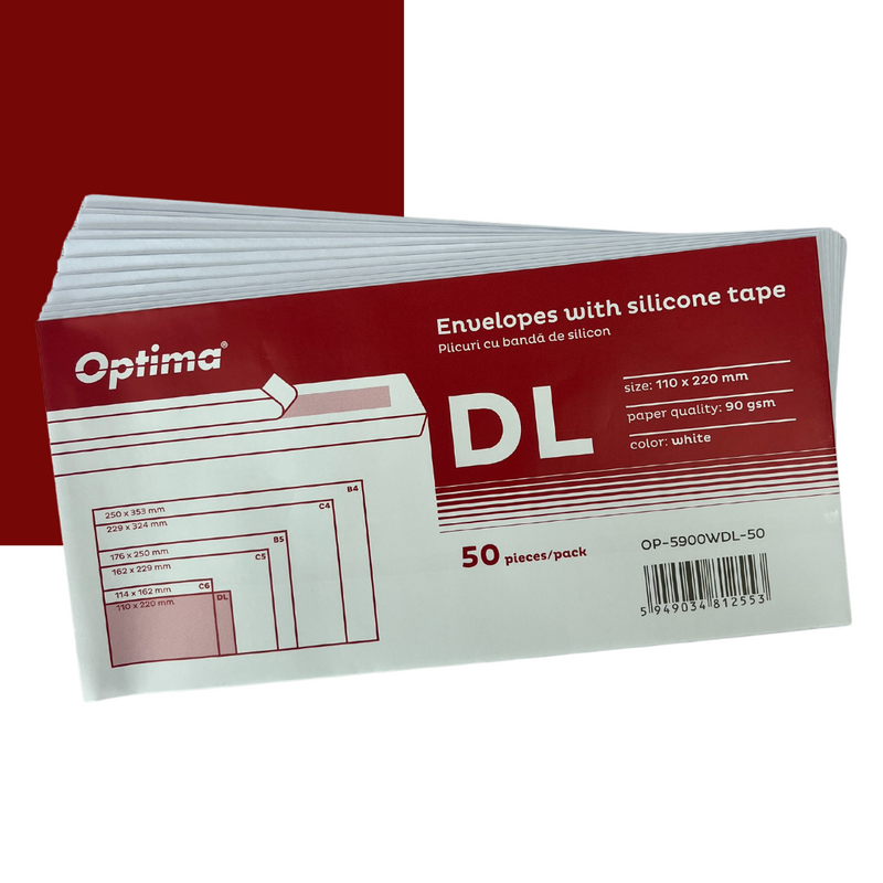 Plic DL 110 x 220 mm Alb Lipire Siliconică 50 Buc/Set Optima