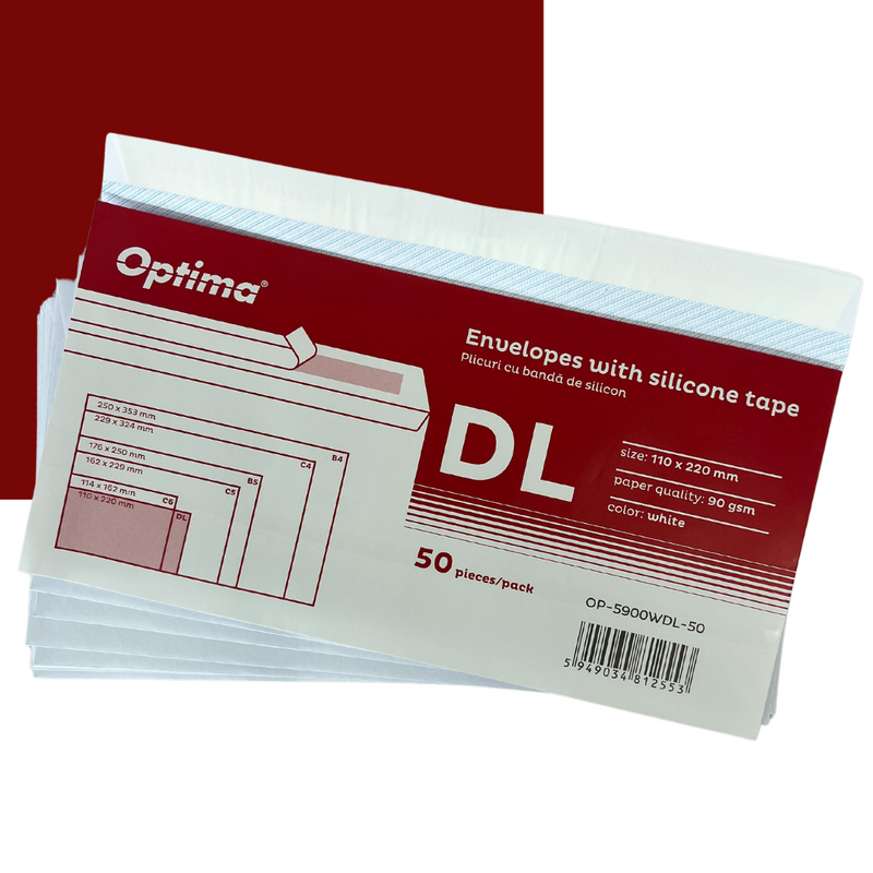 Plic DL 110 x 220 mm Alb Lipire Siliconică 50 Buc/Set Optima
