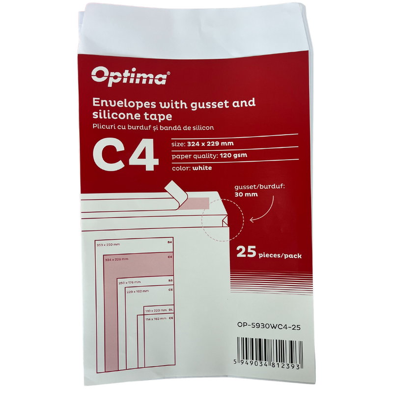Plic C4 324 x 229 mm cu Burduf 30 mm Alb 25 Buc/Set Optima
