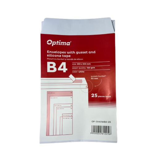Plic B4 353 x 250 mm cu Burduf 40 mm Alb 25 Buc/Set Optima