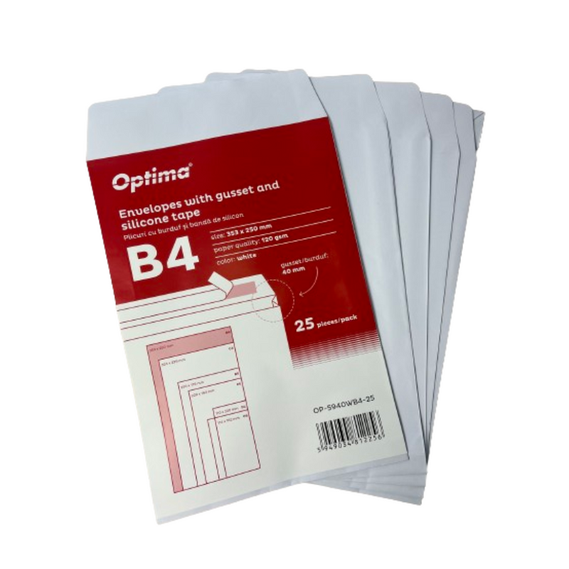 Plic B4 353 x 250 mm cu Burduf 40 mm Alb 25 Buc/Set Optima