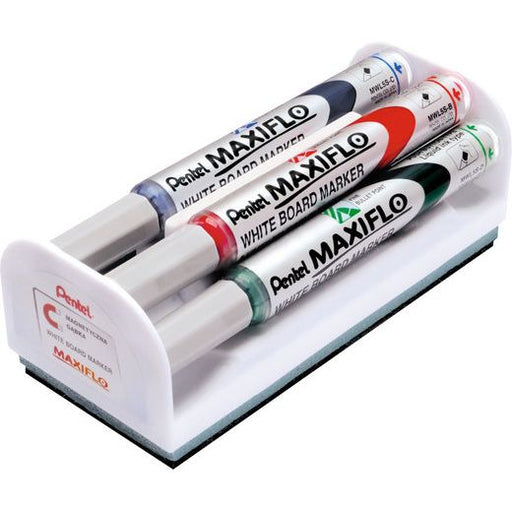 Set 4 Markere Whiteboard Maxiflo cu Burete Magnetic - Pentel