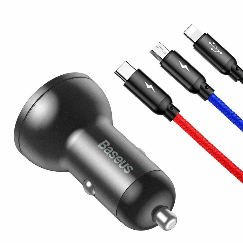 Încărcător Auto Digital Display 24W 2x USB Cablu 3-in-1 Gri - Baseus