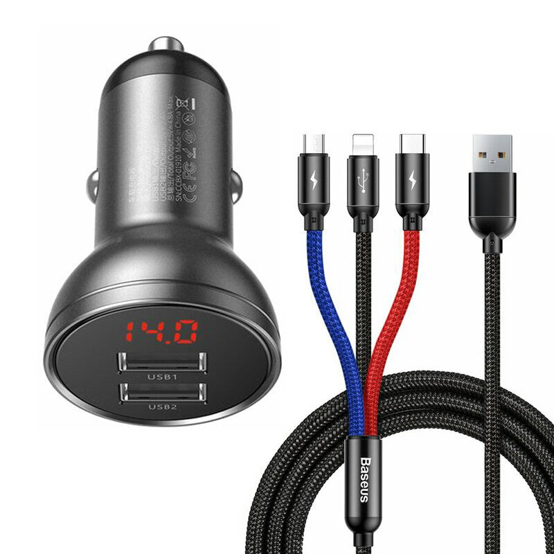 Încărcător Auto Digital Display 24W 2x USB Cablu 3-in-1 Gri - Baseus