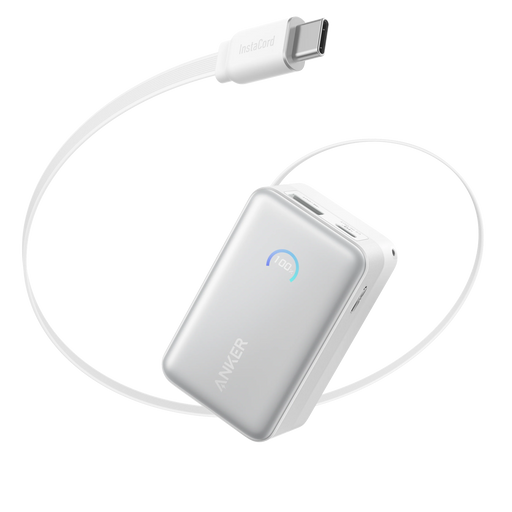 Baterie Externă Nano 10000mAh 45W Cablu USB-C Retractabil Alb Anker