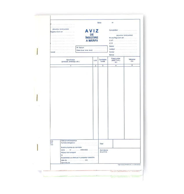 Aviz de Însoțire a Mărfii A4 3 Exemplare 150 file Calitate verificată