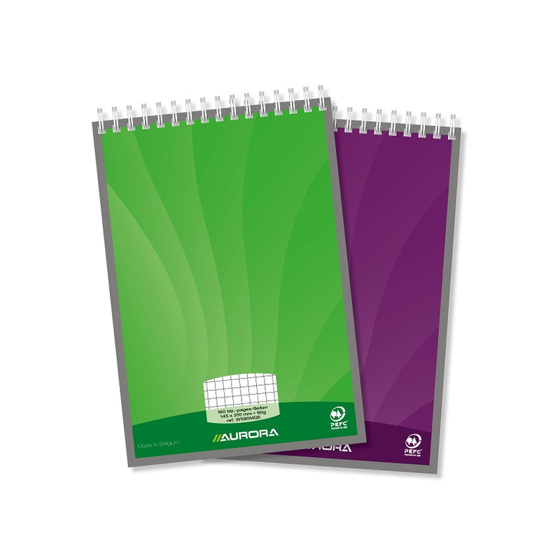 Bloc Notes Spiră Mano A5 Aritmetică Microperforații 90g 80 File Aurora, copertă din carton color lucios și spirală metalică dublă, culori asortate verde și mov