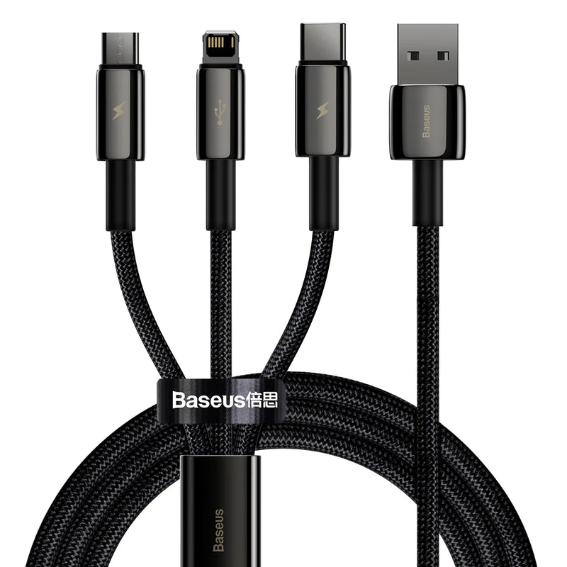 Cablu Baseus Tungsten Gold One 3-in-1 USB-A la USB-C/Lightning/Micro-USB 1.5m Negru