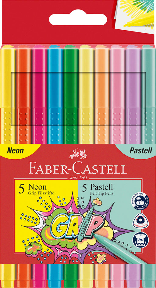 Carioci Grip Pastel și Neon 10 Culori Faber-Castell