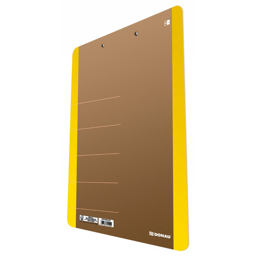 Clipboard Dublu A4 Carton 900gsm, Margine Galbenă, Life marca Donau cu copertă protectoare și clemă metalică
