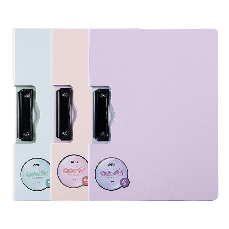 Clipboard Dublu Foam Culori Macarons marca Deli cu copertă protectoare și clemă metalică