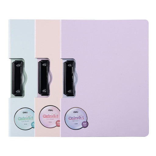 Clipboard Dublu Foam Culori Macarons marca Deli cu copertă protectoare și clemă metalică