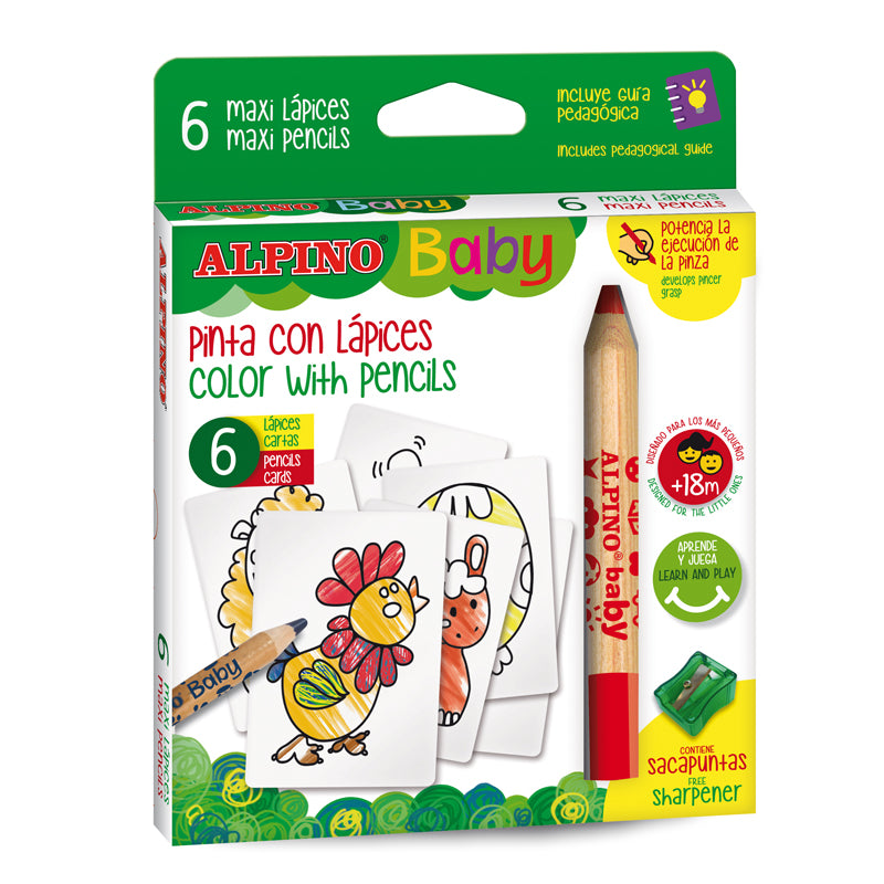 Creioane Colorate Baby Maxi 6 Culori/Set cu 6 Carduri cu Animale Alpino