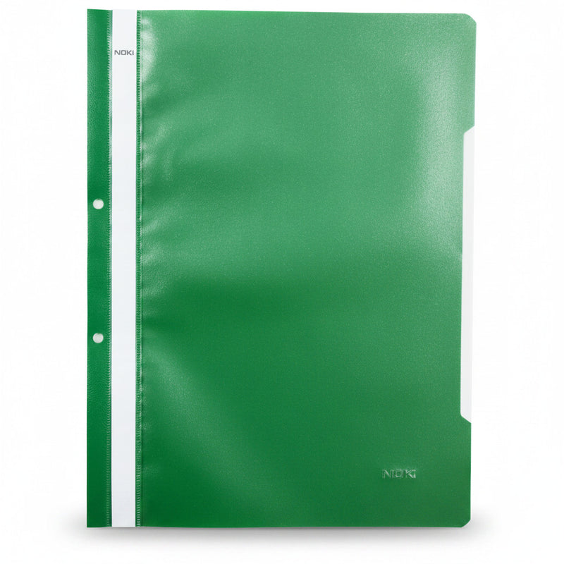 Dosar plastic cu șină și găuri verde NOKI format A4