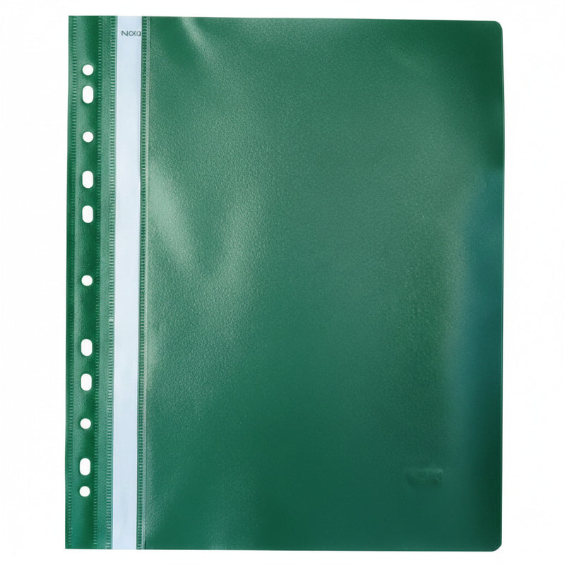 Dosar plastic cu șină și multiperforații verde NOKI format A4