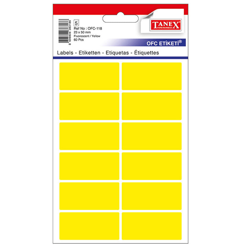 Etichete autoadezive rotunde Tanex, dimensiune 23 x 50 mm, colțuri rotunde, culoare galbene, 60 buc/set