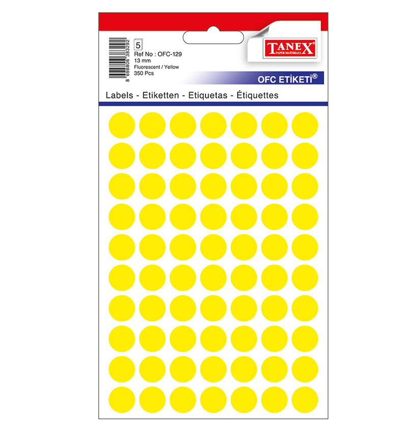 Etichete autoadezive rotunde Tanex, diametru Ø 13 mm, culoare galbene, 350 buc/tiplă