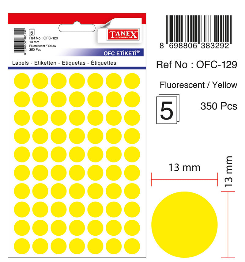 Etichete Autoadezive Rotunde Ø 13 mm Galbene 350 buc/Tiplă - Tanex