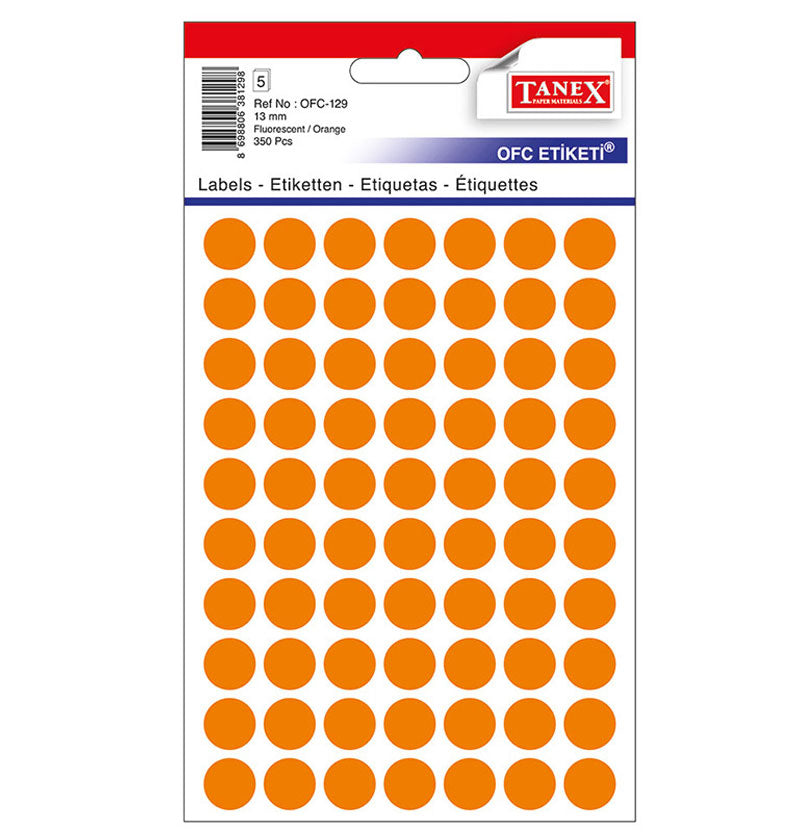 Etichete autoadezive rotunde Tanex, diametru Ø 13 mm, culoare portocalii, 350 buc/tiplă
