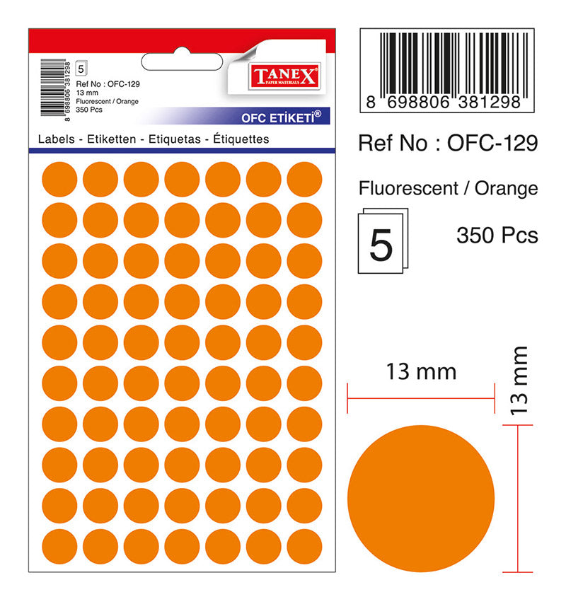 Etichete Autoadezive Rotunde Ø 13 mm Portocalii 350 buc/Tiplă - Tanex