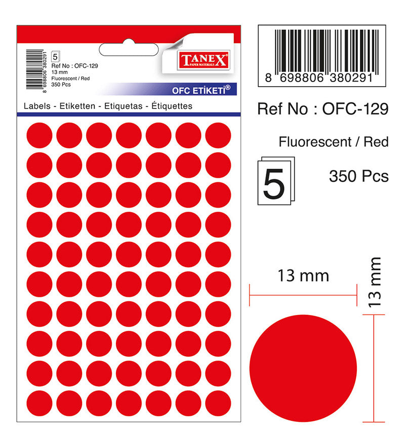 Etichete Autoadezive Rotunde Ø 13 mm Roșii 350 buc/Tiplă - Tanex