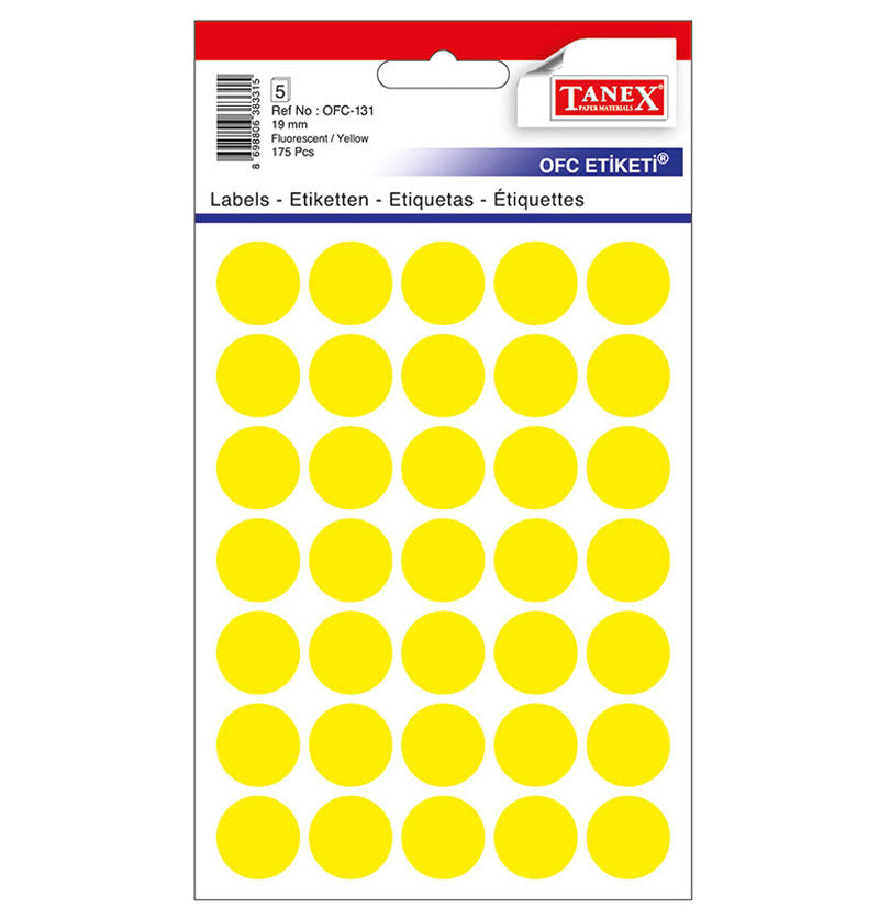 Etichete autoadezive rotunde Tanex, diametru Ø 19 mm, culoare galbene, 175 buc/tiplă