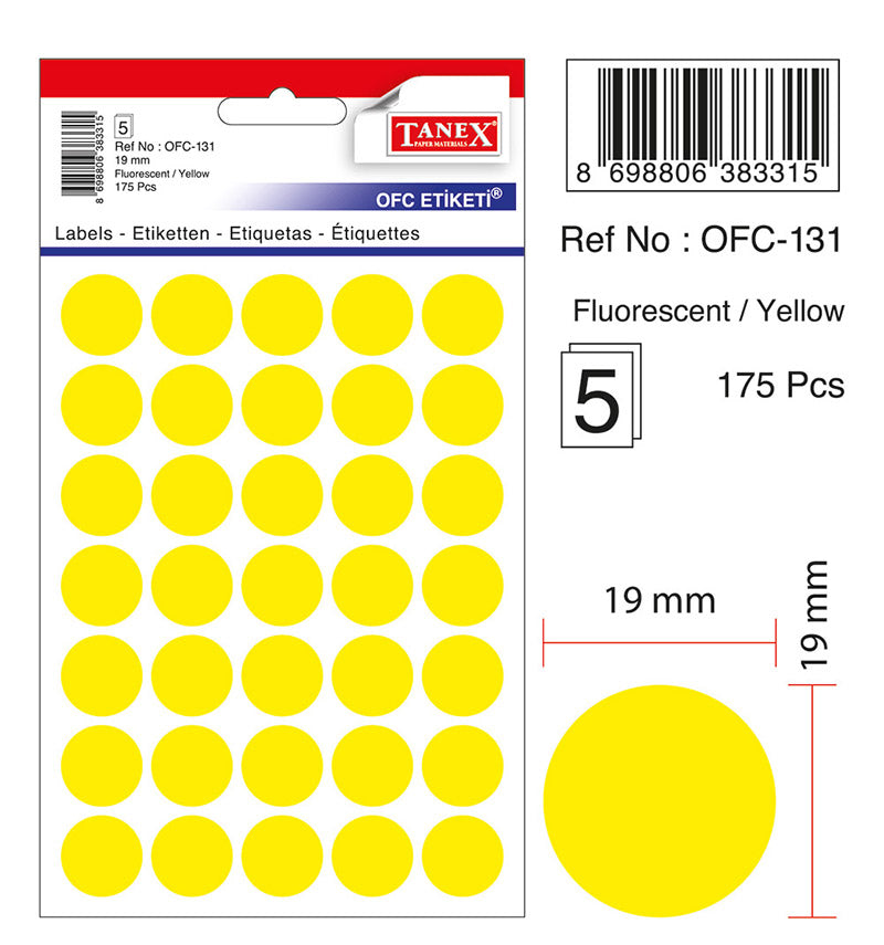 Etichete Autoadezive Rotunde Ø 19 mm Galbene 175 buc/Tiplă - Tanex