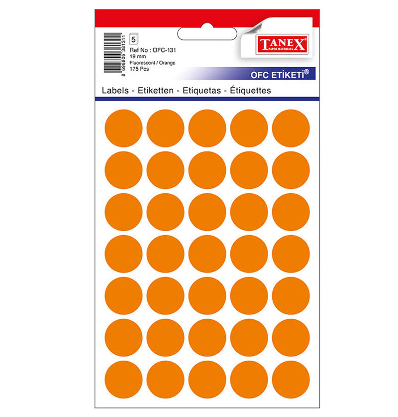 Etichete autoadezive rotunde Tanex, diametru Ø 19 mm, culoare portocalii, 175 buc/tiplă