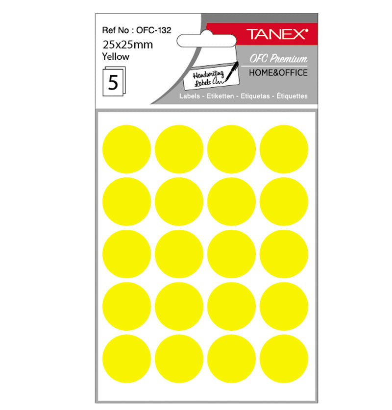 Etichete autoadezive rotunde Tanex, diametru Ø 25 mm, culoare galbene, 100 buc/tiplă