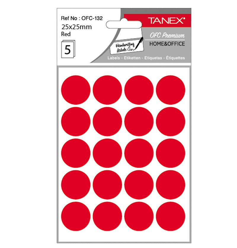 Etichete autoadezive rotunde Tanex, diametru Ø 25 mm, culoare roșii, 100 buc/tiplă