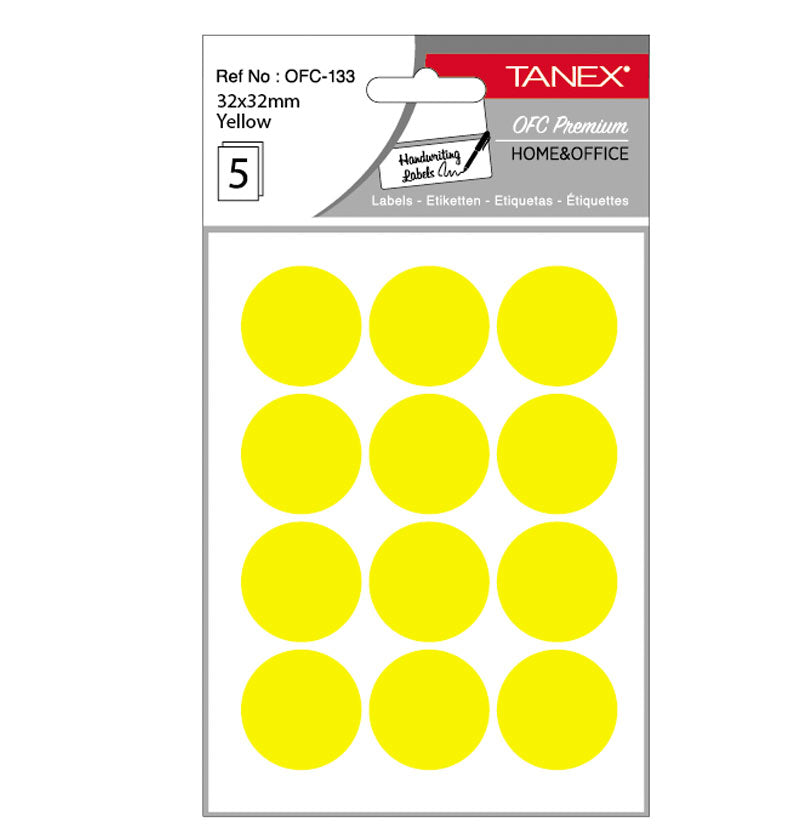 Etichete autoadezive rotunde Tanex, diametru Ø 32 mm, culoare galbene, 60 buc/tiplă