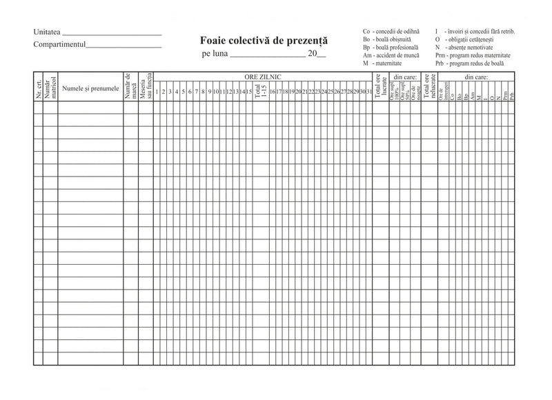 Foaie Colectivă de Prezență A4 100 file Calitate verificată