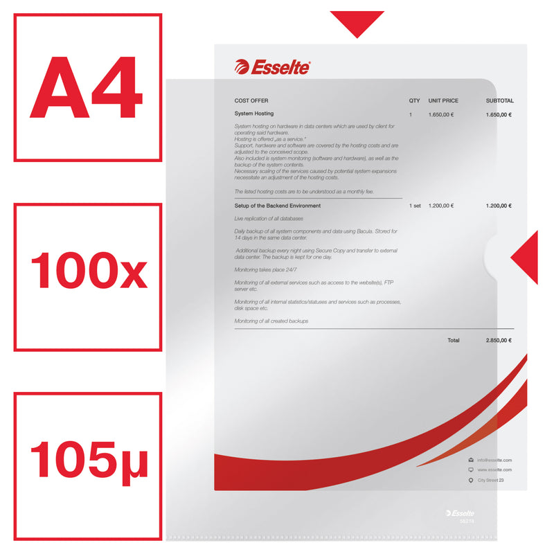 Folii Protecție A4 Cristal cu Deschidere Laterală, 105 Microni, 100/top - Esselte